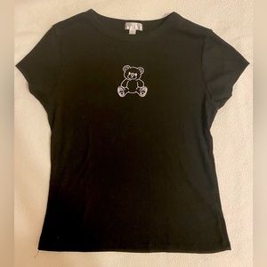 Y2K Black Embroidered Teddy Bear Baby Tee